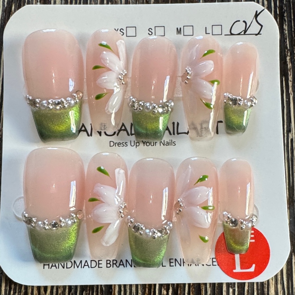 Green and Pink Floral Press-On Nails